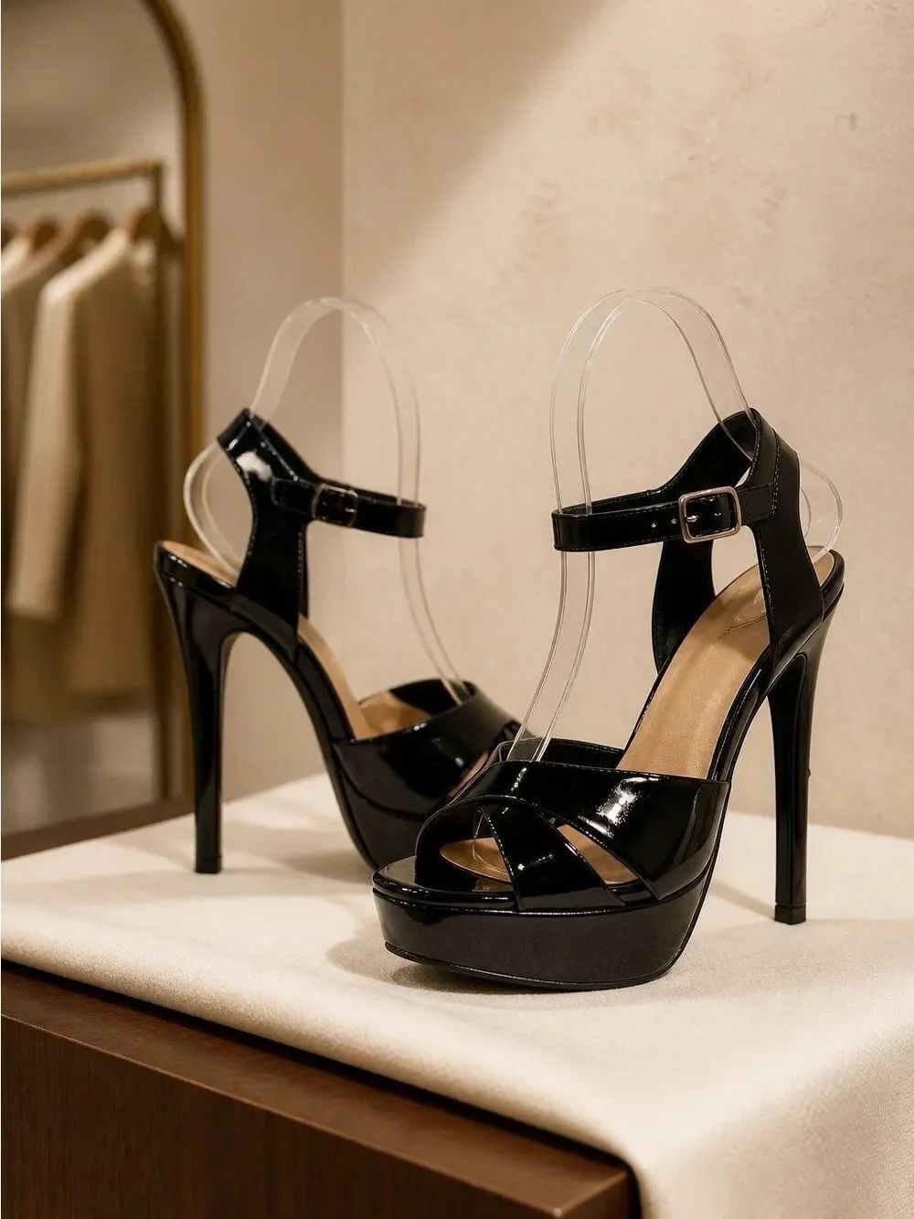 Women's Black Patent High Heel Platform Sandals